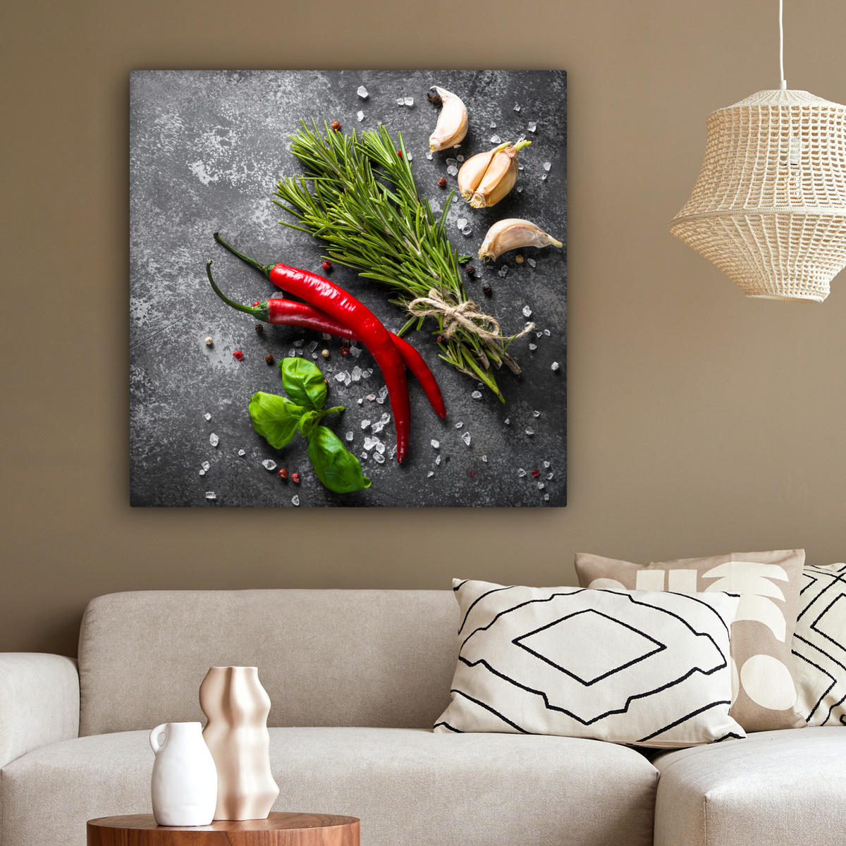 LEINWANDBILD Pfeffer - Kräuter - Gewürze - Beton 90x90 cm - Dunkelgrau, Textil (90/90cm) - MuchoWow