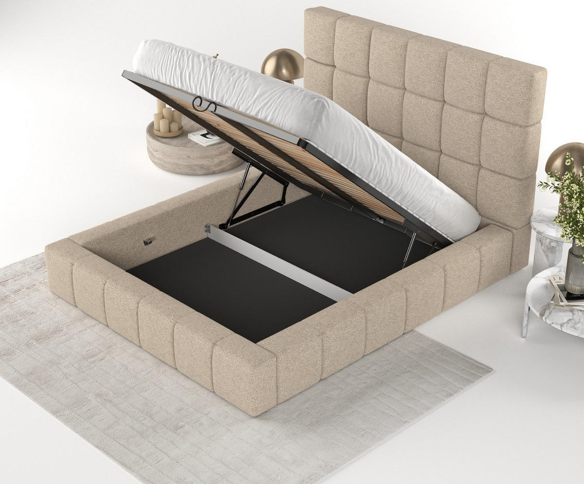 POLSTERBETT Skiathos mit Stauraum 180/200 cm Hellbeige im Bubble Stoff - Sandfarben/Schwarz, Holz/Holzwerkstoff (180/200cm) - AltaBeds