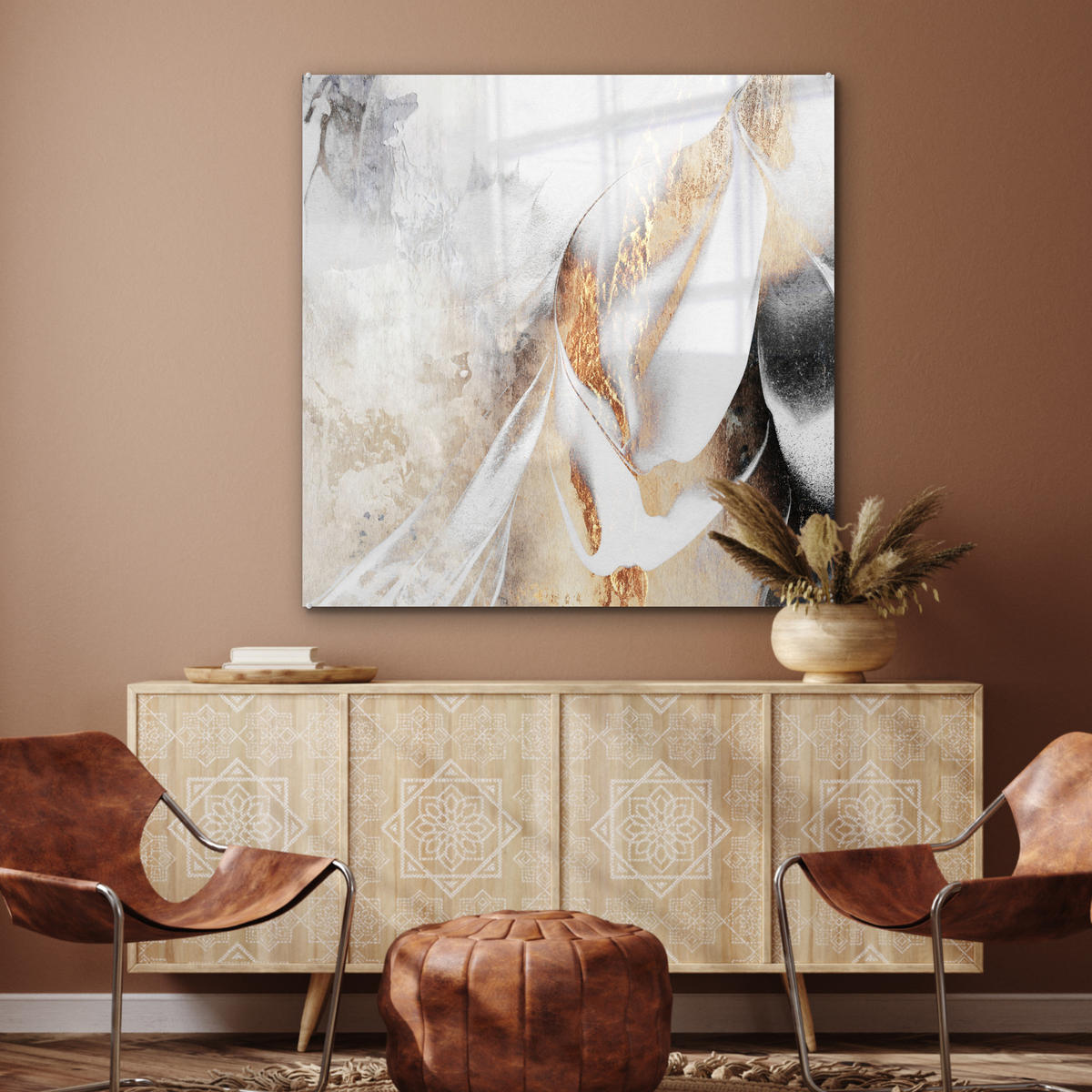 ACRYLGLASBILD Luxus - Abstrakt - Gold - Weiß 90x90 cm - Goldfarben, Glas (90/90cm) - MuchoWow