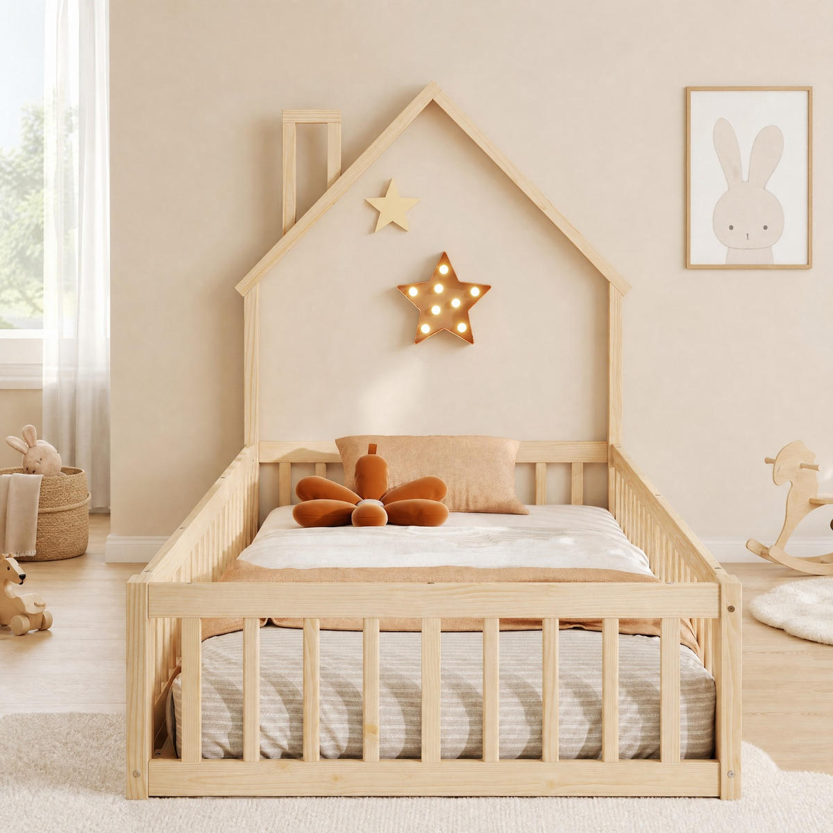 KINDERBETT 90/200 mit Sicherheitsgitter und Lattenrost in Natur - Naturfarben, Holzwerkstoff (90/200cm) - EVRYAE