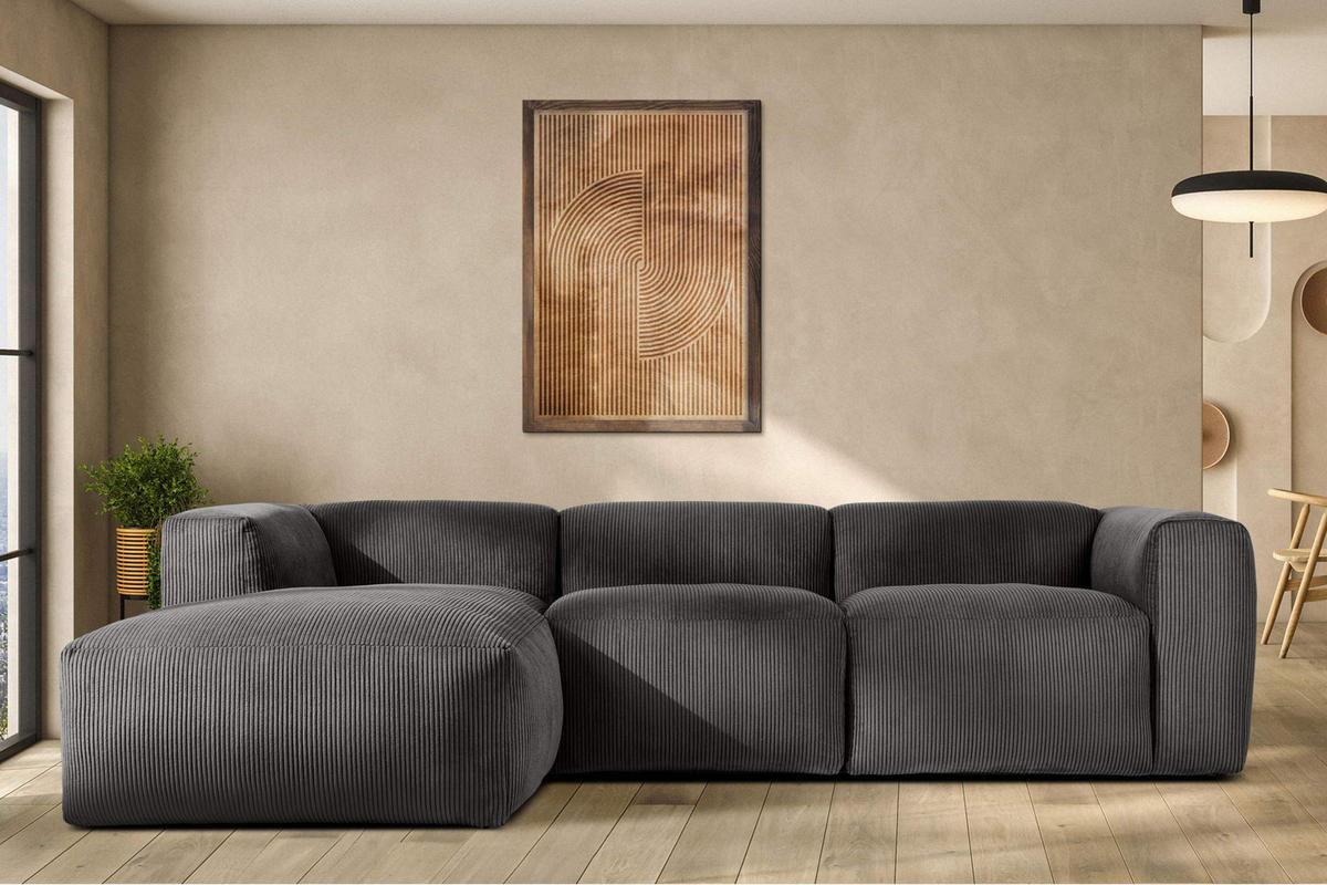 ECKMODULSOFA-LINKS BUFFO mit extrem weicher und bequemer Sitzfläche, Kordstoff, grau - Grau, Textil (297/180cm) - KONSIMO®