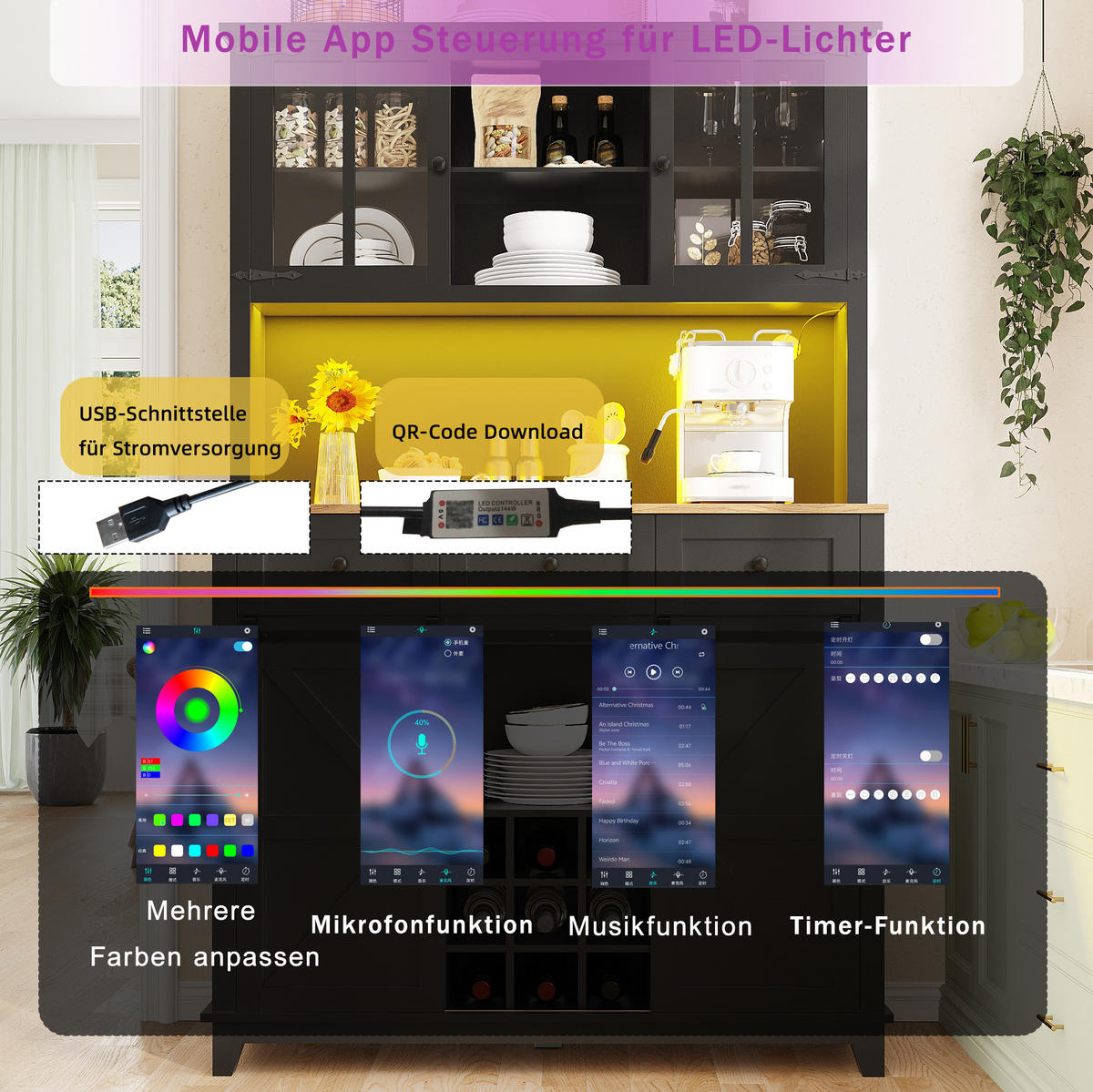BUFFET 105/38,4/180 cm aus MDF mit LED-Beleuchtung und Schiebetür Schwarz - Schwarz, Holzwerkstoff (105/180/38.4cm) - Modenvie