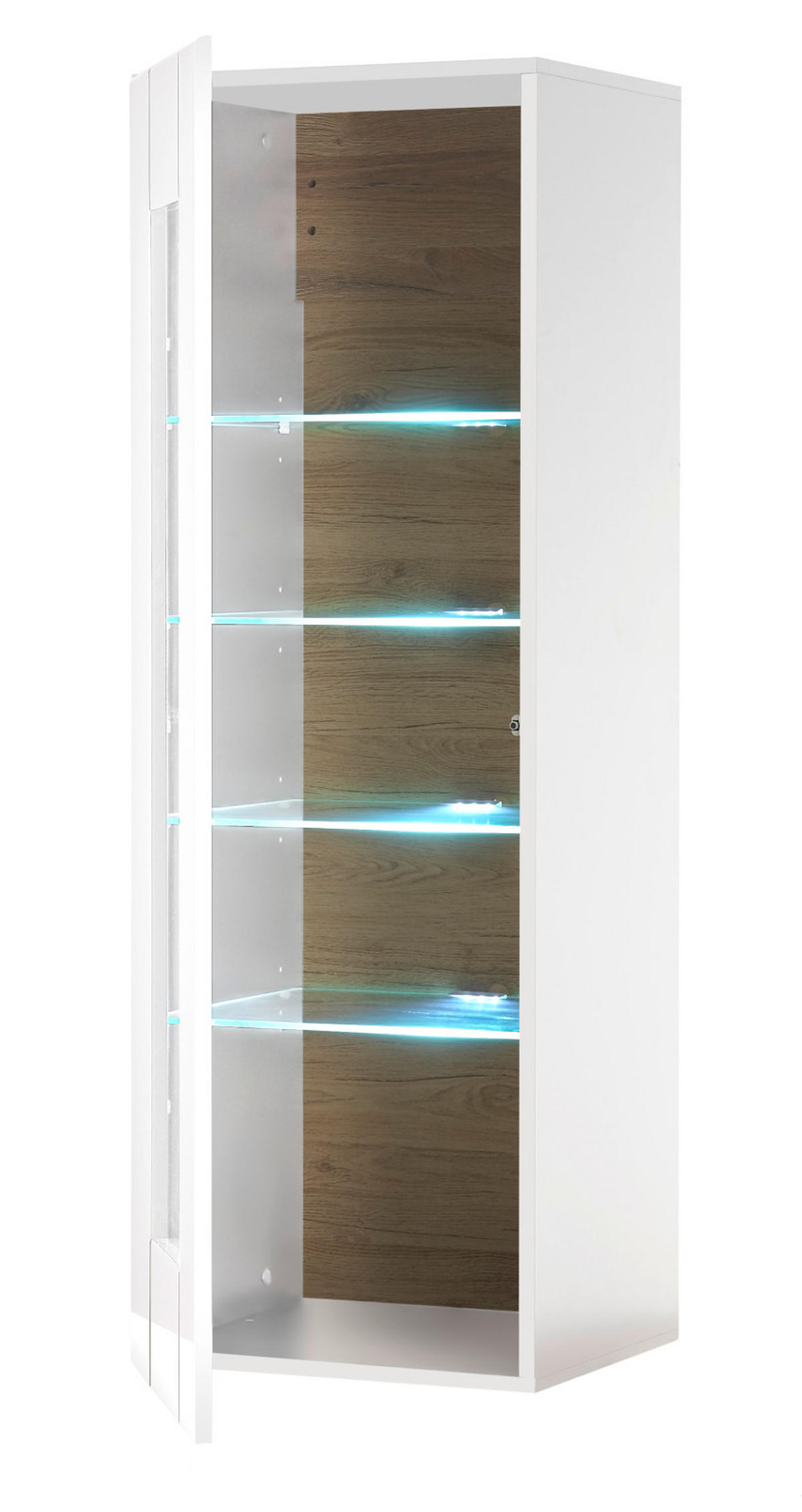 VITRINE weiß Hochglanz, Grandson Eiche, Vitrinenschrank hängend, stehend 45 x 131 cm - Weiß Hochglanz/Eichefarben, Holzwerkstoff (45/131/38cm) - Furn.Design