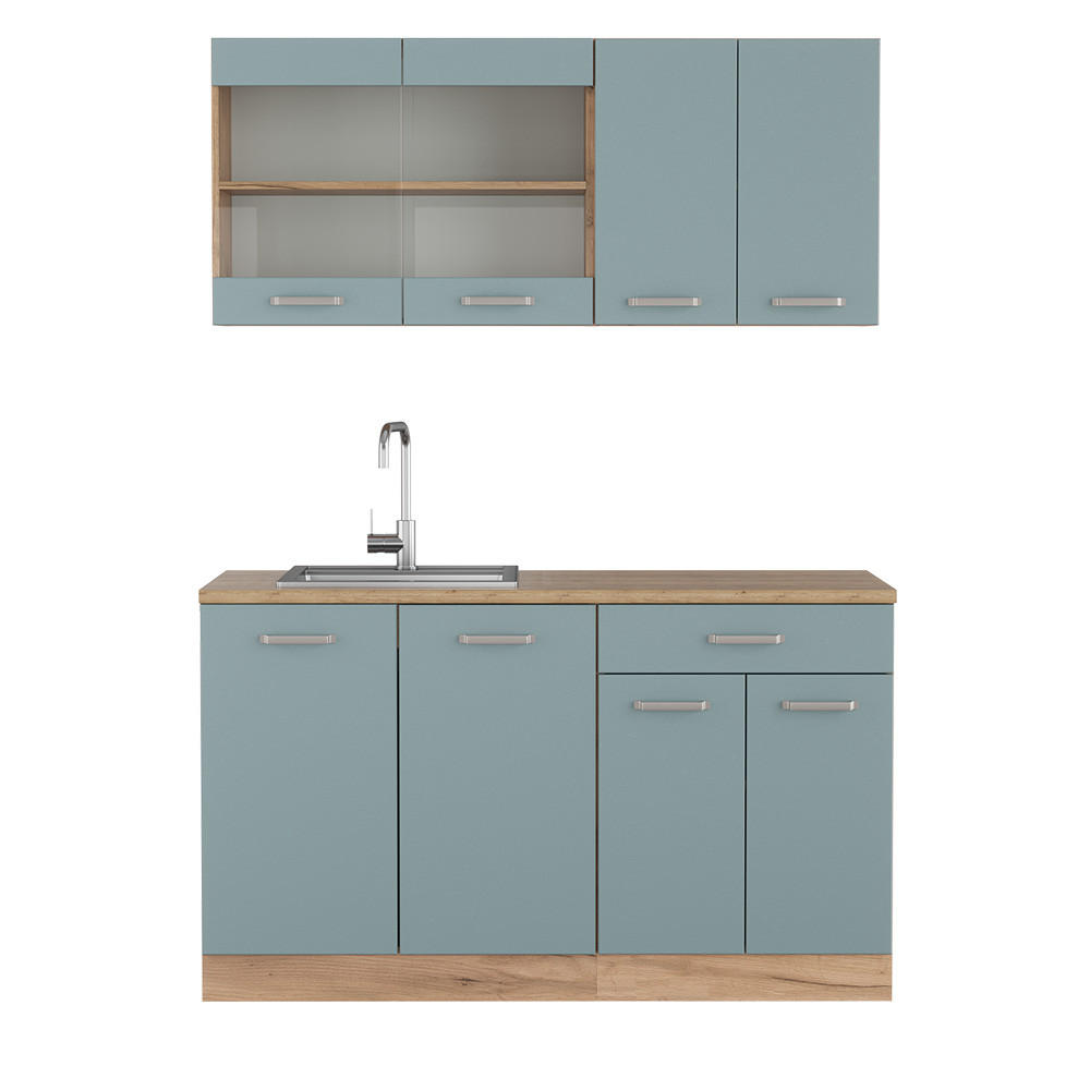 KÜCHENZEILE R-Line Blau-Grau/Goldkraft Eiche 140 cm, AP Eiche - Honigeiche/Blaugrau, Holzwerkstoff (140/81.6/60cm) - Vicco