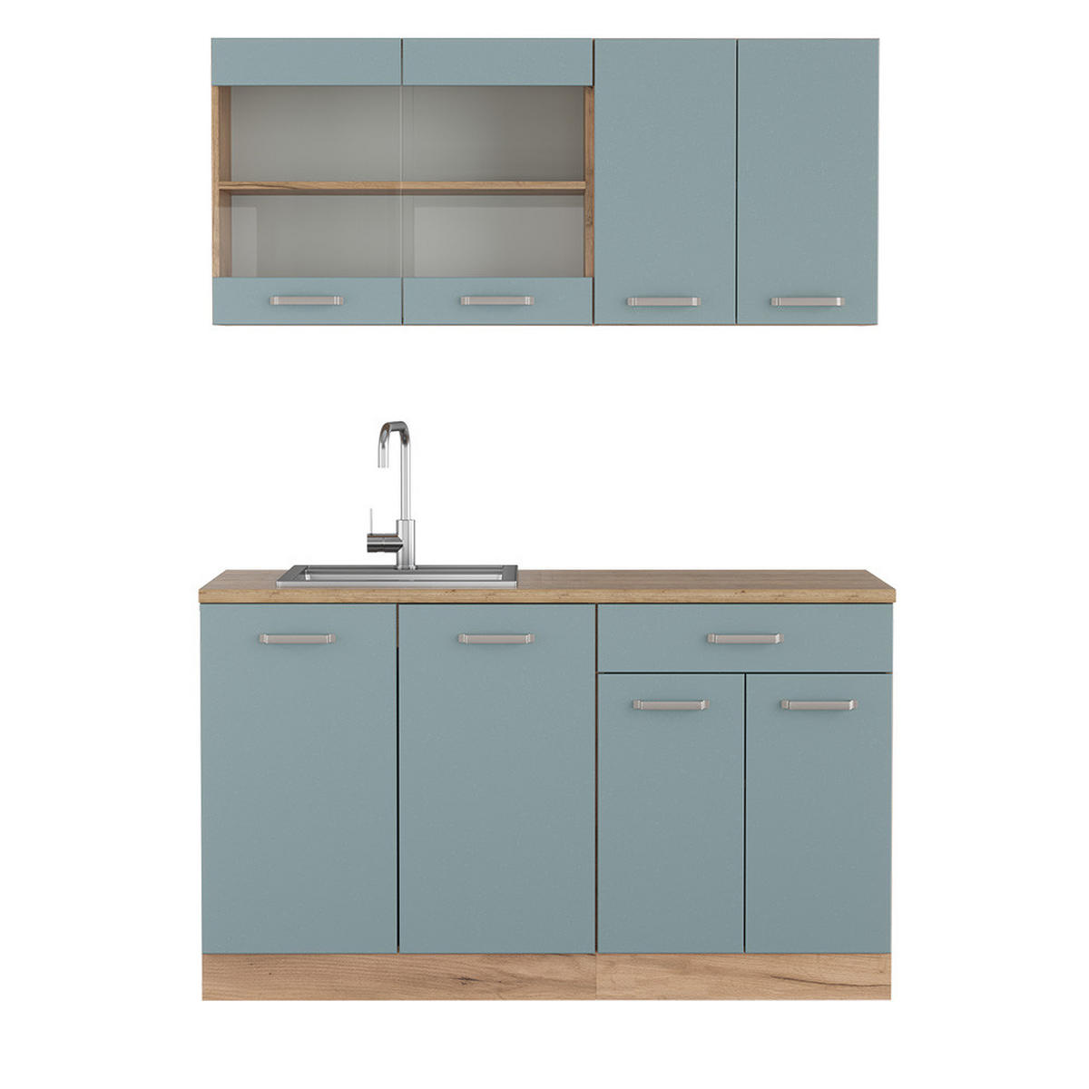 SINGLEKÜCHE KÜCHE R-Line Blau-Grau/Goldkraft Eiche 140 cm ohne AP - Honigeiche/Blaugrau, Holzwerkstoff (140/81.6/46cm) - Vicco