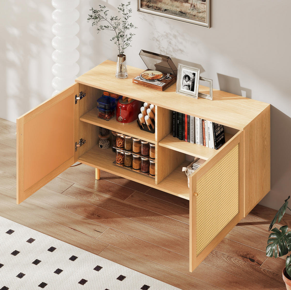 SIDEBOARD 120/40/63 cm mit 2 Türen, Rattangeflecht, Metallbeinen und MDF-Korpus, Natur - Naturfarben, Holzwerkstoff (120/63/40cm) - Redom