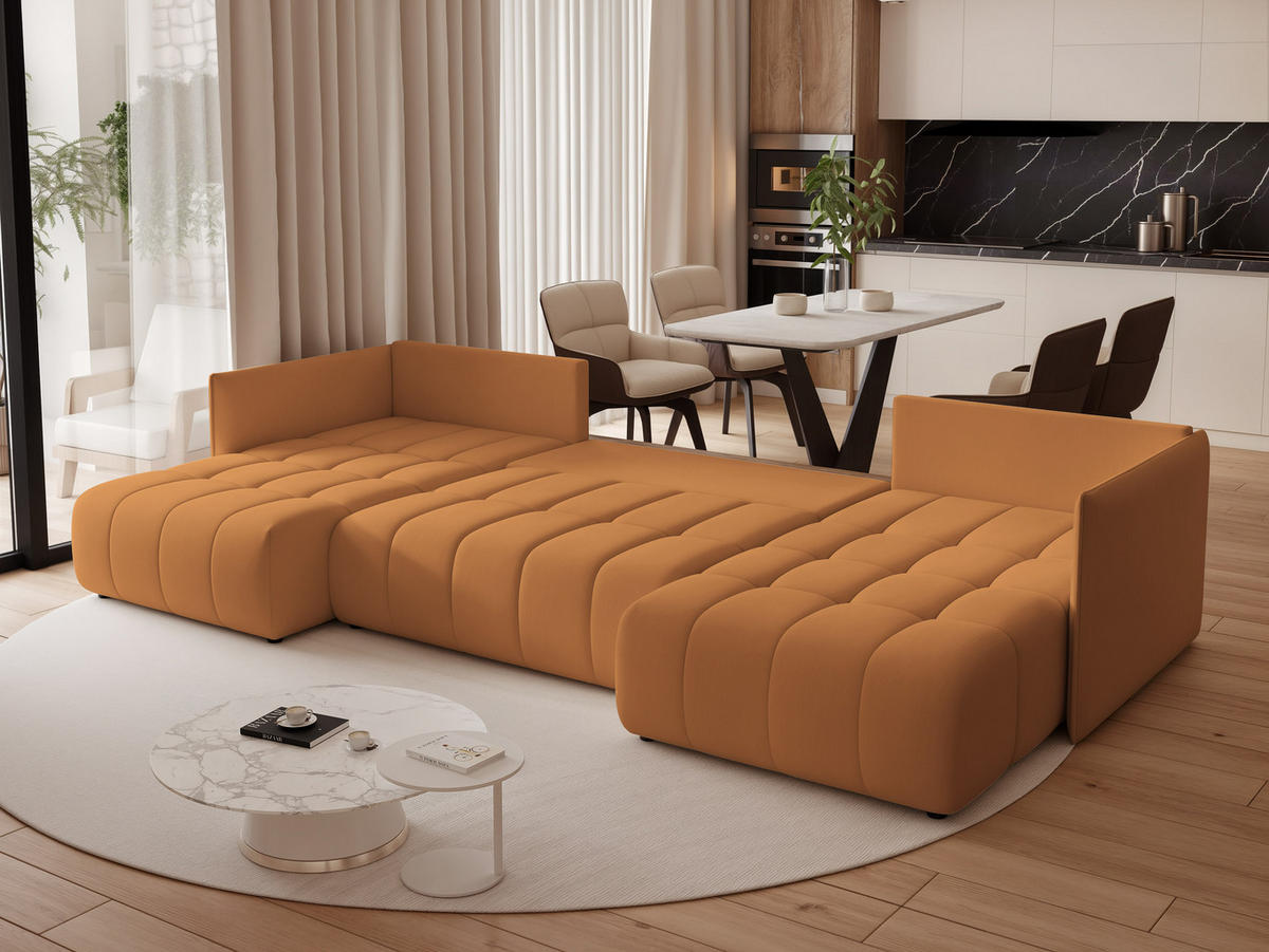 WOHNLANDSCHAFT OLIMPIA mit Schlaffunktion und Bettkasten Orange - Orange, Holzwerkstoff/Kunststoff (353/83/180cm) - Idohome