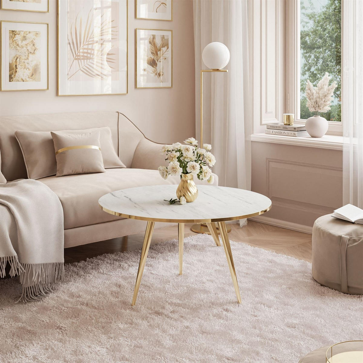 COUCHTISCH SOLEIL GOLD Weiß Marmor, 70cm - Weiß, Holzwerkstoff (70/70/47cm) - Lookway