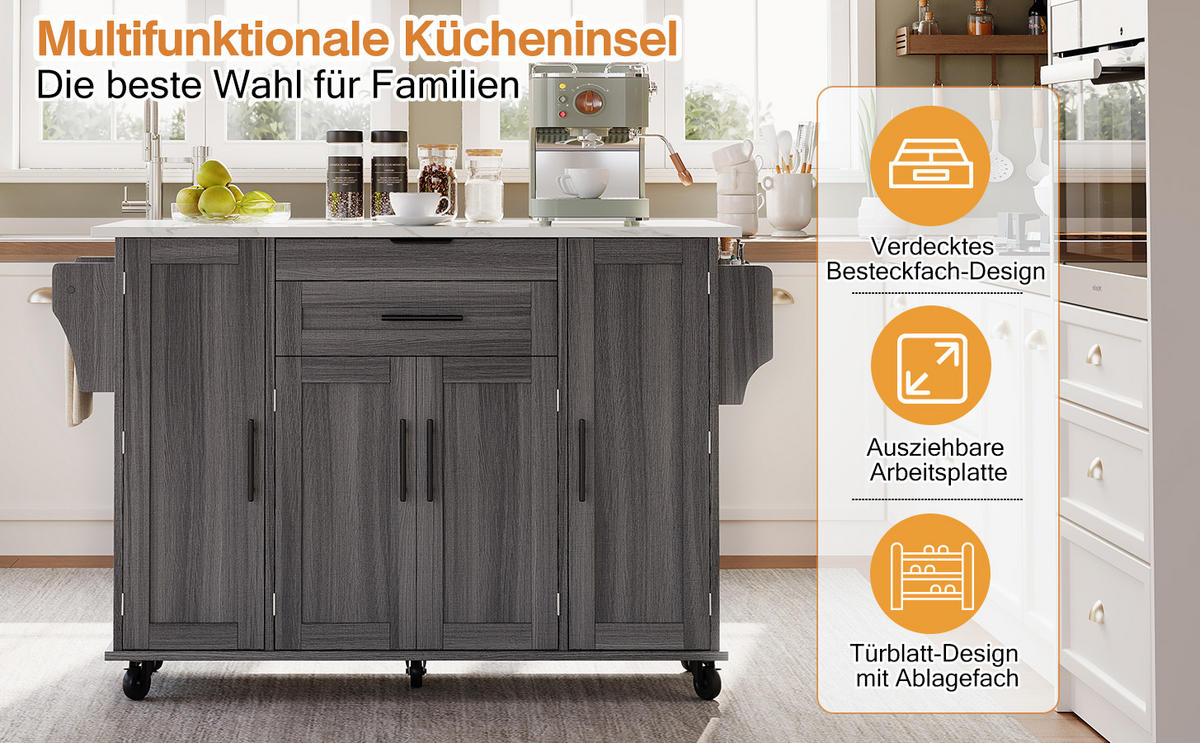 KÜCHENINSEL 120x45/70 cm ausziehbar mit Gewürzregal - Grau, Holzwerkstoff (136/92/70cm)