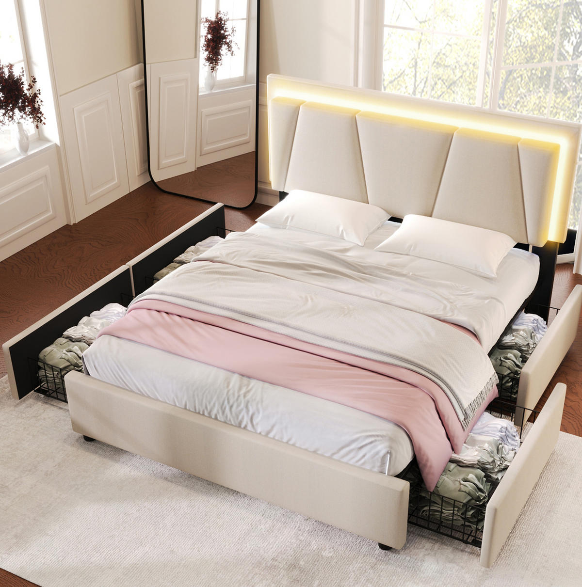 POLSTERBETT 160/200 cm Beige mit LED-Beleuchtung und 4 Schubladen - Beige, Holz (160/200cm) - Flora Grace