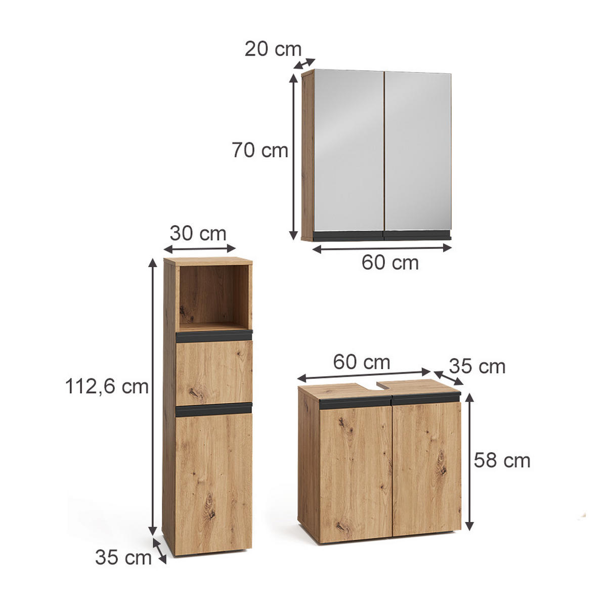 BADMÖBEL-SET Torren Artisan 3 Teile, mit Midischrank - Hellgrau, Holzwerkstoff (60/58/35cm) - Vicco