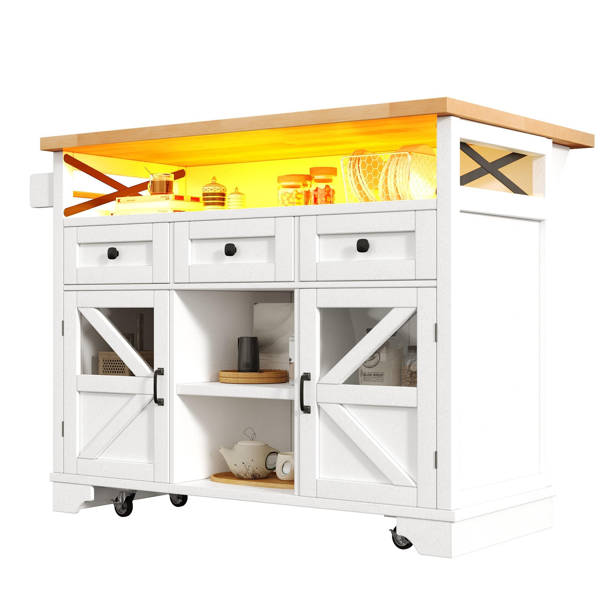STILVORA KUCHYŇSKÝ OSTROV bílý kuchyňský vozík s LED osvětlením, skládacím stolem a 3 zásuvkami do kuchyně, 120x71x98 cm