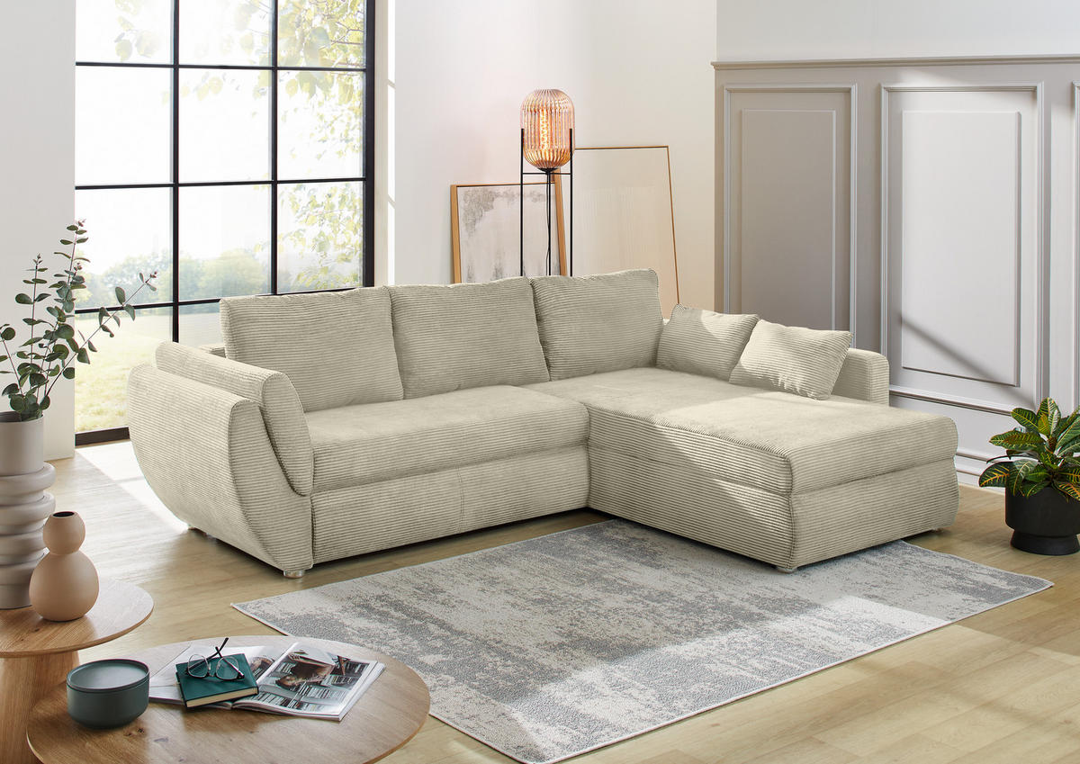 ECKSOFA mit Schlaffunktion und Bettkasten, seitenverkehrt montierbar B272/T200/H88 cm, Liegefläche 128x224 cm, Cord Beige Grau / 15227 - Chromfarben/Greige, Kunststoff/Textil (272/200cm) - luma-home