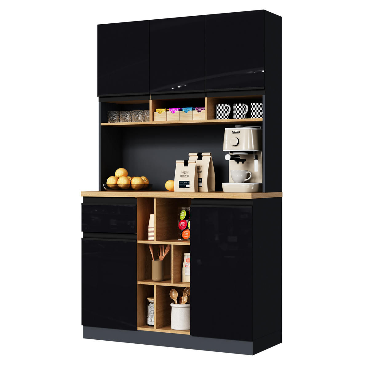 BUFFET aus MDF 105x45x185 cm Anthrazit/Schwarz/Natur mit verstellbaren Einlegeböden, Schublade und Kippschutz - Schwarz, Holzwerkstoff (105/185/45cm) - Modfu