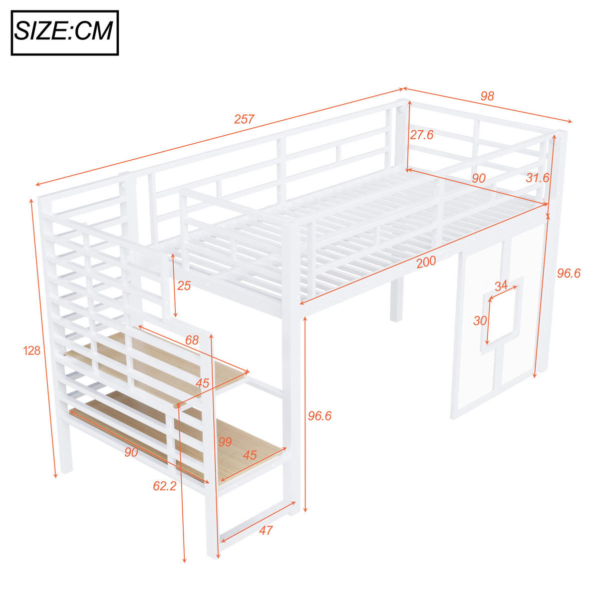 HOCHBETT 90/200 cm in Weiß mit Treppe, Stauraum und LED - Weiß, Metall (90/200cm) - WISHDOR