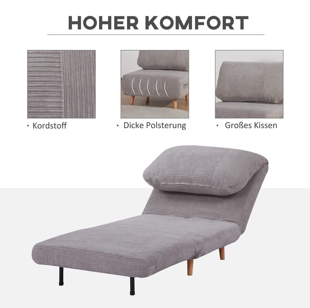 SCHLAFSESSEL 2-in-1 mit Cordbezug & verstellbarer Rückenlehne, 82/89/83 cm, hellGrau - Hellgrau, Holz (82/83/89cm) - Redom