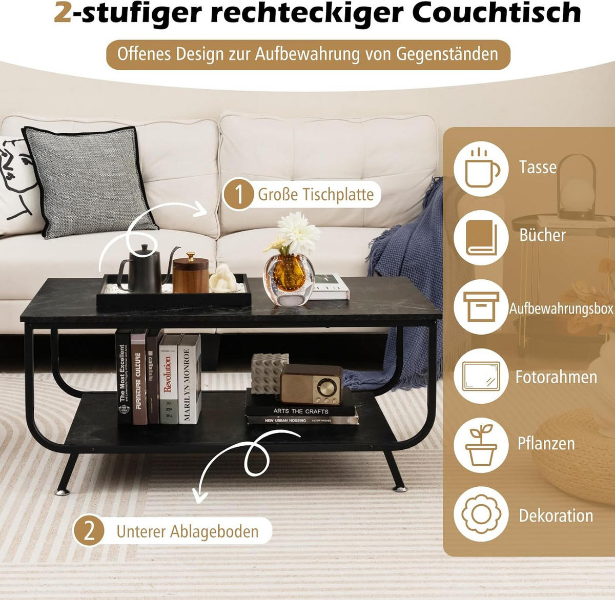 COUCHTISCH Schwarz - Schwarz, Holz (105/55/47cm) - COSTWAY