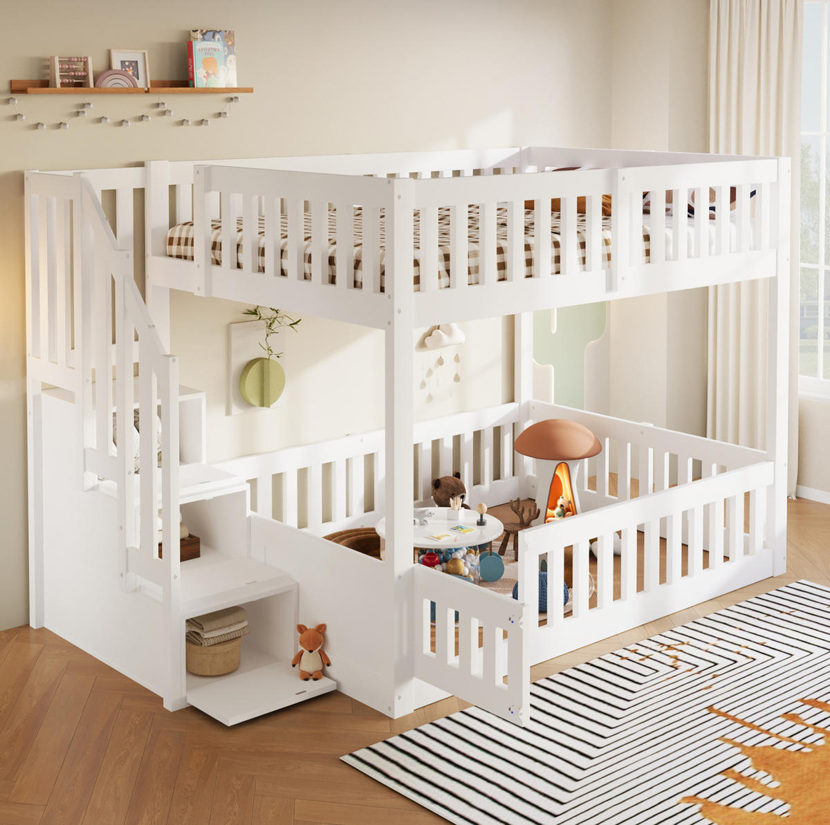 ETAGENBETT aus Kiefernholz und MDF 140x200 cm Weiß mit Stauraumtreppe - Weiß, Holzwerkstoff (140/200cm) - Modfu