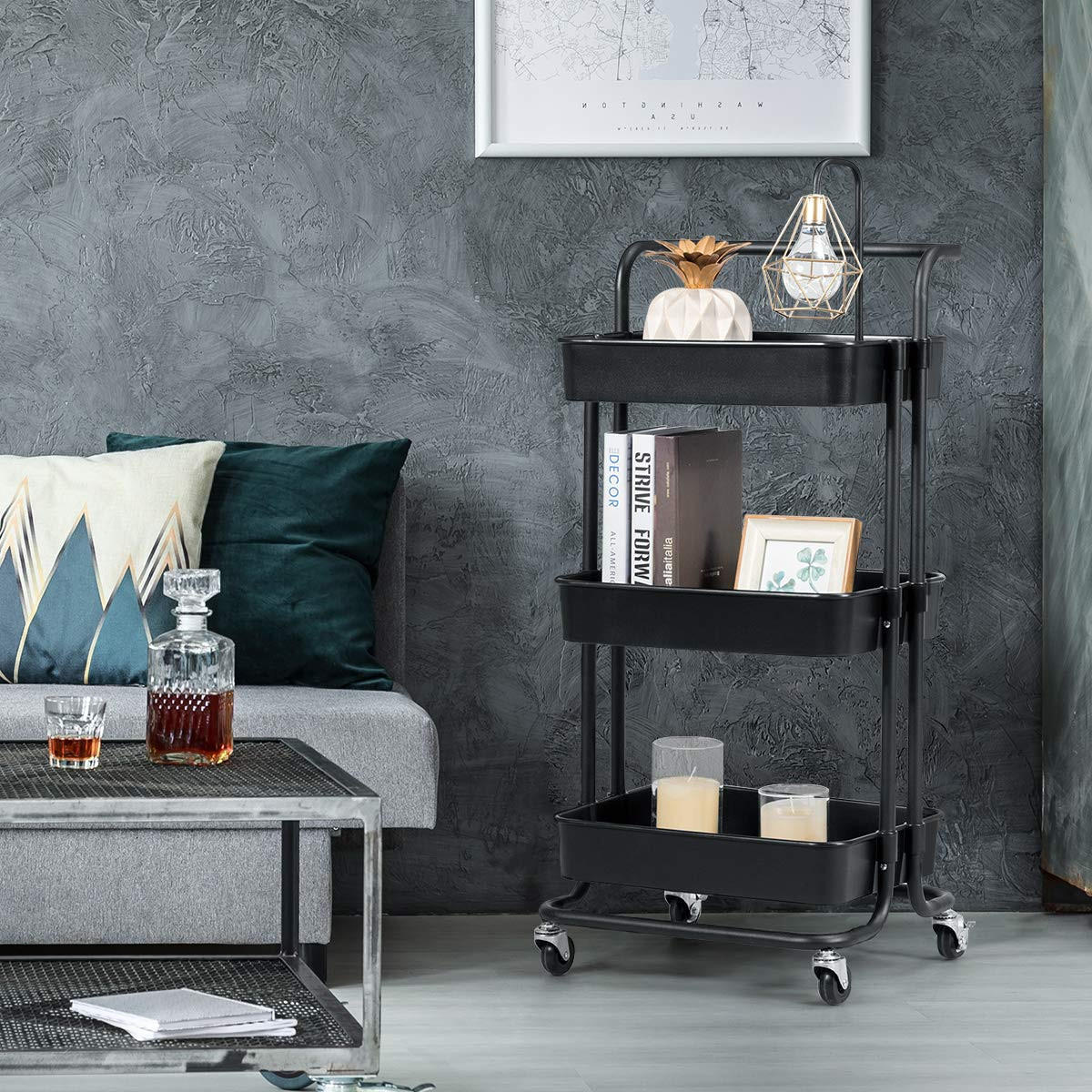 STORAGE TROLLEY Svart - Svart, Metall (42/87/35cm) - COSTWAY