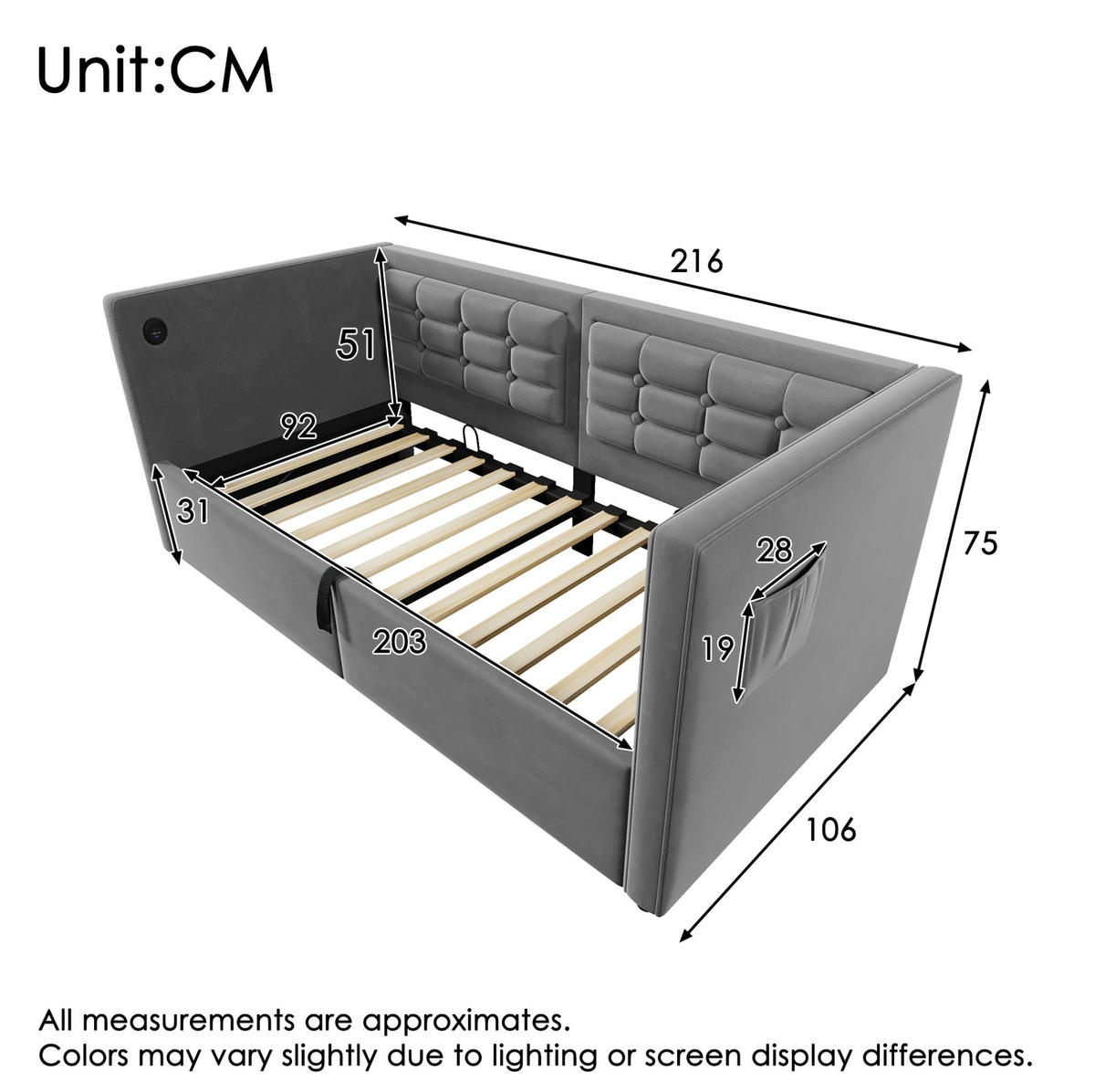 BETT 90/200 cm mit Bettkasten, USB & Type-C, inkl. Lattenrost, Grau - Grau, Textil (90/200cm) - BEAOK