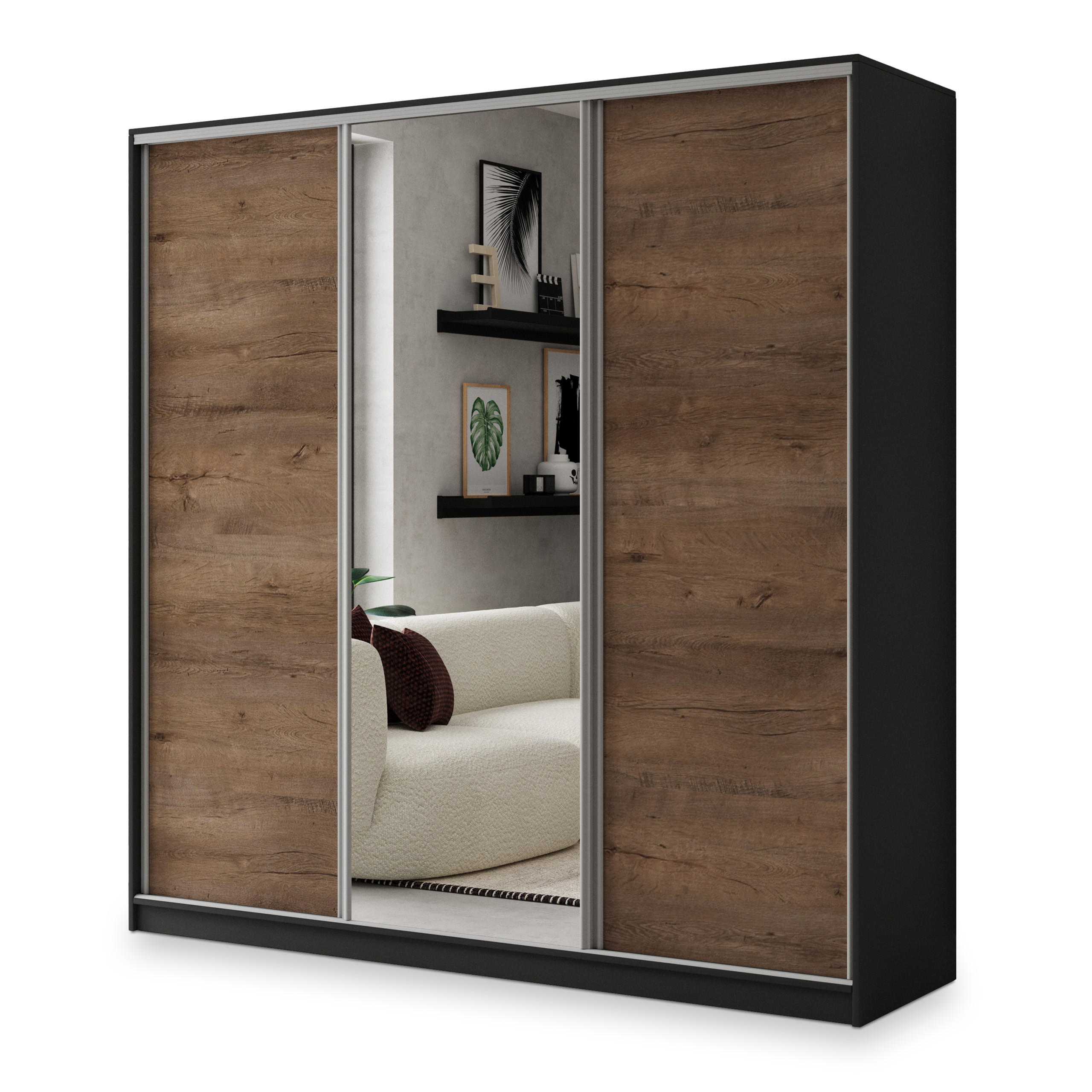 SCHWEBETÜRENSCHRANK SORE 180/205/58 cm 3-türig mit Spiegel und Schubladen Schwarz / Eiche Lefkas - Eichefarben/Silberfarben, Holzwerkstoff (180/205/58cm) - MASSENO