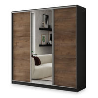 SCHWEBETÜRENSCHRANK SORE 200/205/58 cm 3-türig mit Spiegel und 4 Schubladen Schwarz - Eichefarben/Schwarz, Holzwerkstoff (200/205/58cm) - MASSENO