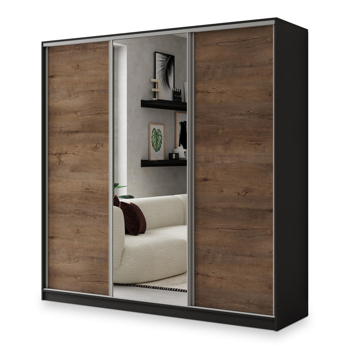 SCHWEBETÜRENSCHRANK SORE 200/205/58 cm 3-türig mit Spiegel und 4 Schubladen Schwarz - Eichefarben/Schwarz, Holzwerkstoff (200/205/58cm) - MASSENO