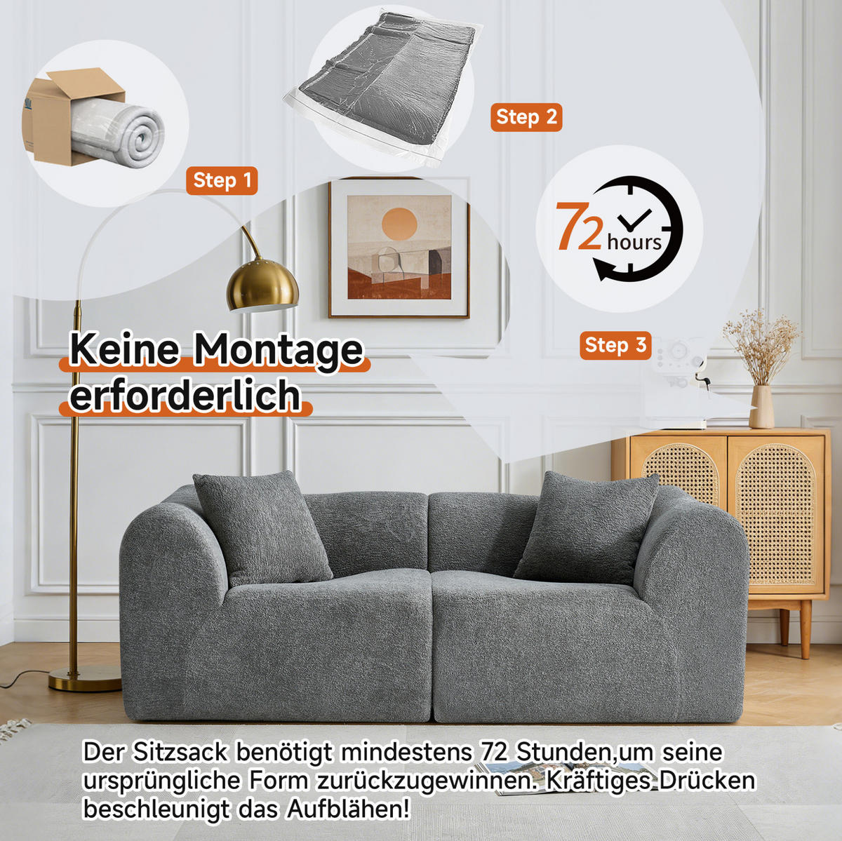 2-SITZER Sofa Samt mit Kissen und Anti-Rutsch-Pads 193/87/67 cm Grau - Grau, Textil (87/67/193cm) - Redom