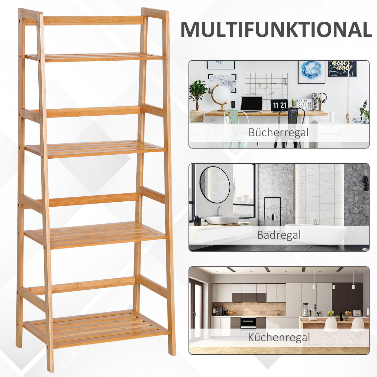 BÜCHERREGAL Standregal mit 4 Ebenen Aufbewahrungsregal aus Bambus, Natur - Naturfarben, Holz (31.5/120/48cm) - HOMCOM