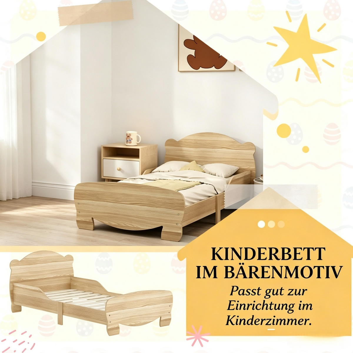 KINDERBETT aus MDF 70x140 cm Natur mit Seitenschutz und Bärenmotiv - Eichefarben, Holzwerkstoff (70/140cm) - Modfu