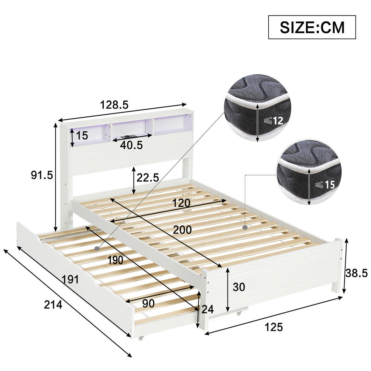 AUSZIEHBETT 120/200 cm DE-02204, in Weiß, mit LED und Ladebuchse - Weiß, Holzwerkstoff (120/200cm) - ComfortXL