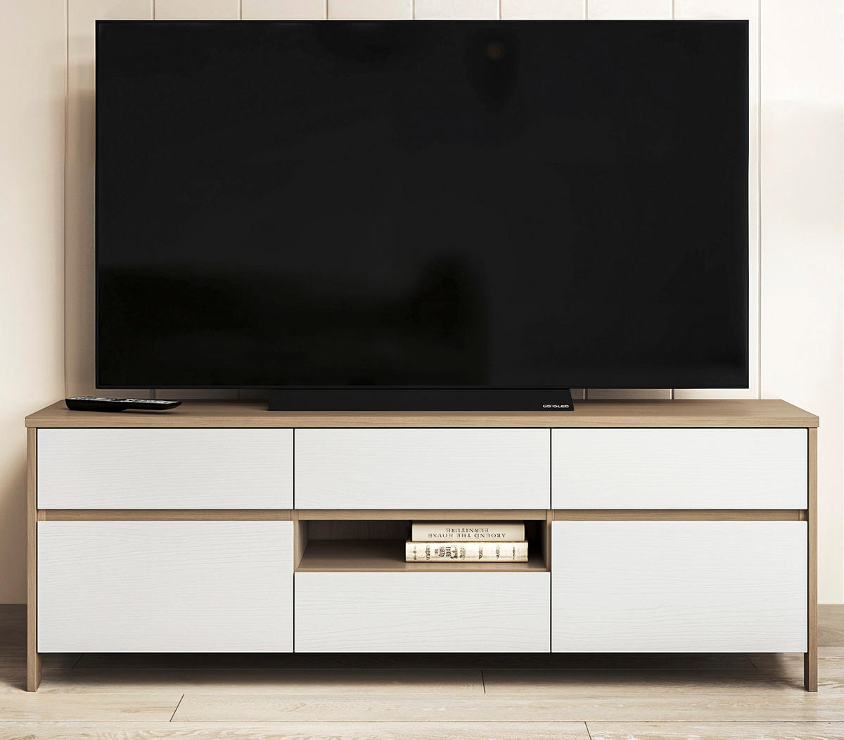 TV-LOWBOARD weiß, Eiche, TV Unterteil skandinavisch 164 cm, Soft-Close, Finnes - Eichefarben/Weiß, Holzwerkstoff/Metall (164/58/39cm) - Furn.Design