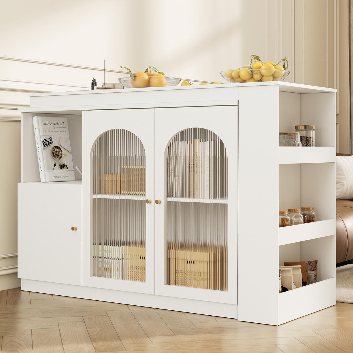 BARTISCH 120/40/97 cm Weiß aus MDF 360° drehbar mit Glastür und Stauraum - Weiß, Holzwerkstoff (120/40/103cm) - OKWISH