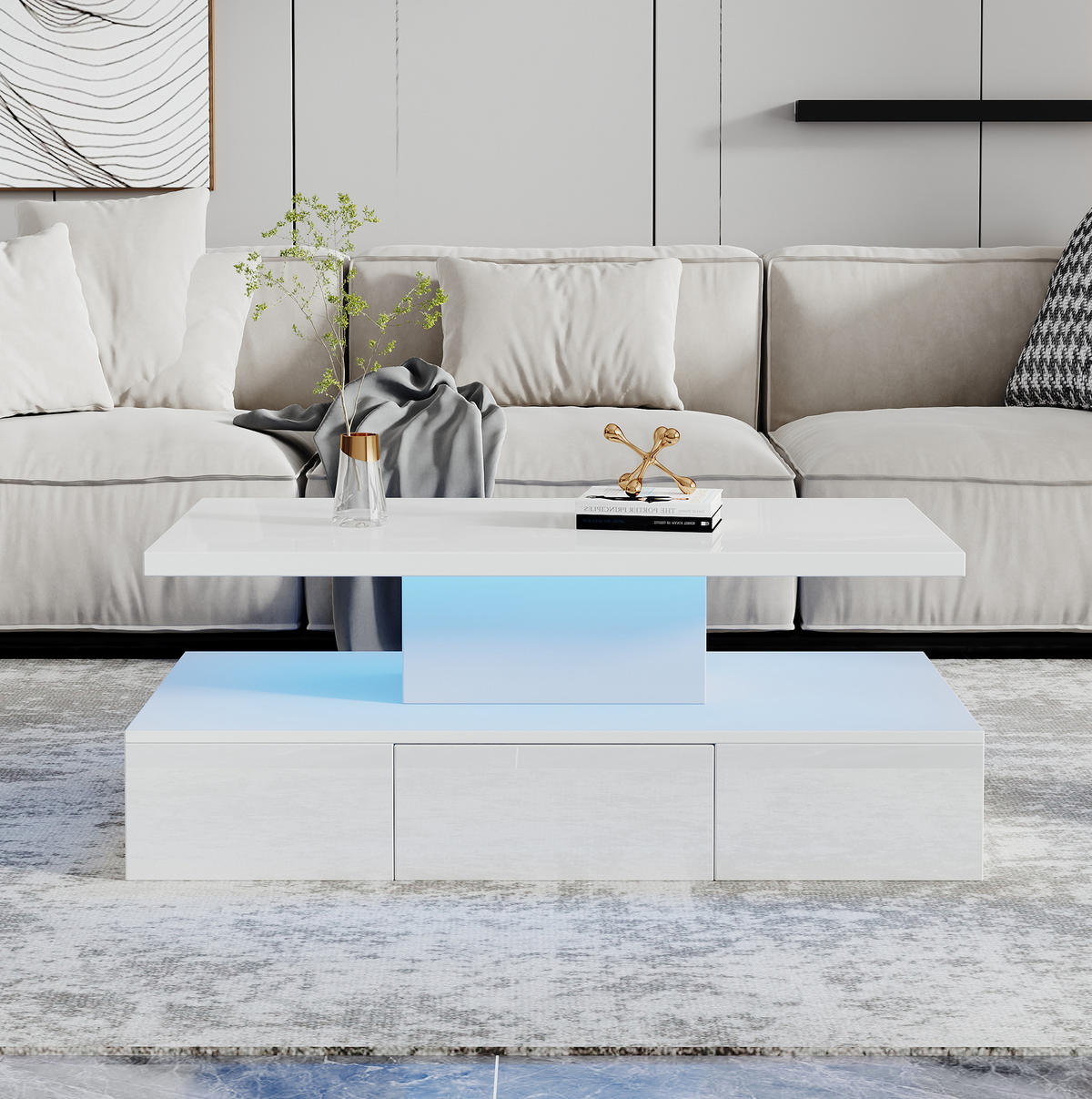 COUCHTISCH 100/50/39 cm mit LED-Beleuchtung, offener Ablage, Schublade und Hochglanz-Front aus Spanplatte, Weiß - Weiß, Holzwerkstoff (100/50/39cm) - Redom