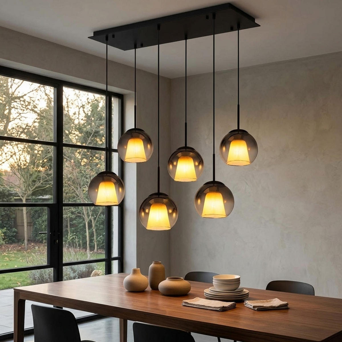 HÄNGELEUCHTE BARRY, Metall, Glas, Schwarz, 6-flammig - Schwarz, Glas (90/38/120cm) - Globo Lighting