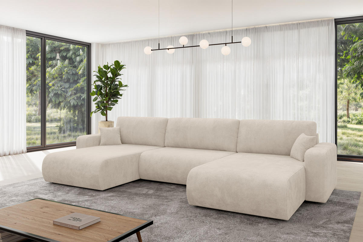 SEDACÍ SOUPRAVA DO U s funkcí spaní a úložným prostorem BERY-U 377x193x88 béžová manšestr - černá/béžová, kompozitní dřevo/textil (377/88/193cm) - ALTDECOR