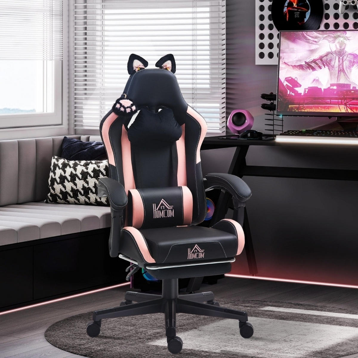 GAMING Stuhl mit Katzenohren, Lendenwirbelstütze, Fußstütze, Kopfkissen, höhenverstellbar, Liegefunktion Schwarz-Rosa - Schwarz, Leder (62/116/65cm) - BRILVERDE