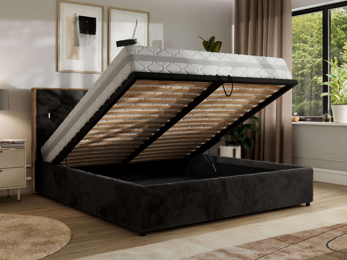 POLSTERBETT LARINO CLASSIC 160/200 - Schwarz Plüsch - ohne Matratze - Schwarz, Textil (160/200cm) - MKS