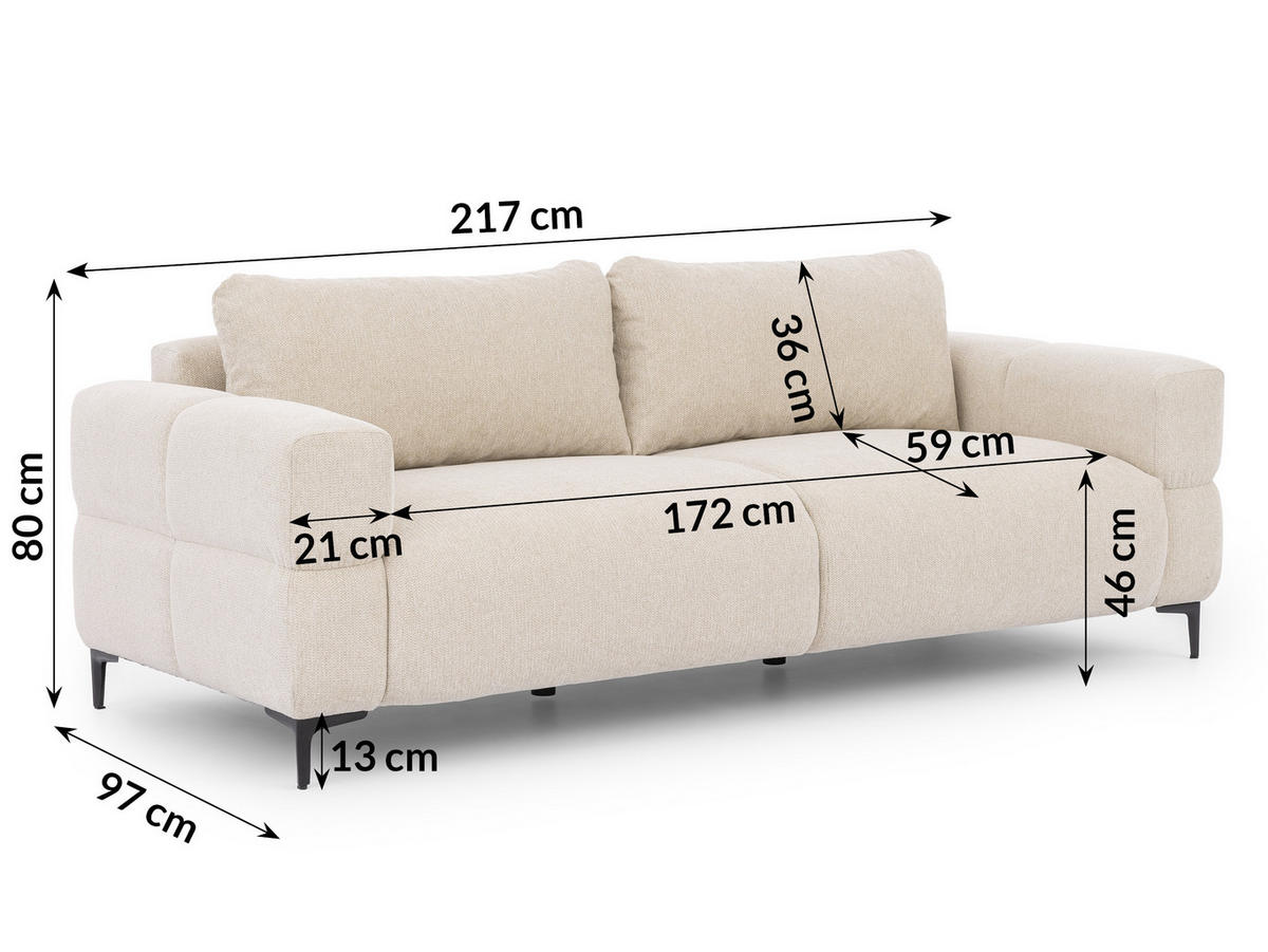 3-SITZER-SOFA Cardea in Bubble-Optik aus weichem Hellbeige Strukturstoff mit hohem Sitzkomfort - Beige/Schwarz, Holz/Textil (217/80/97cm) - S-Style Möbel