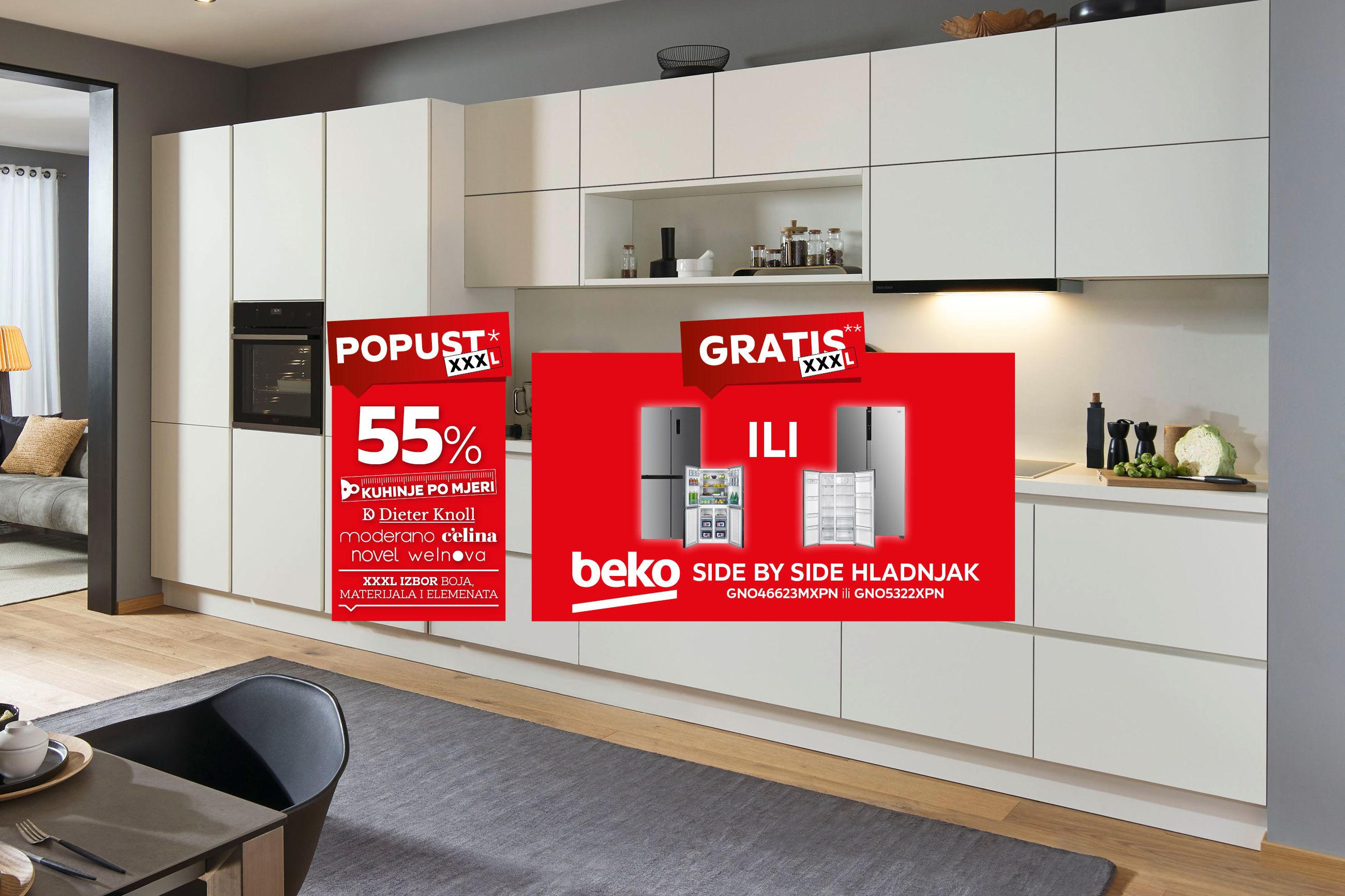 55% kuhinje po mjeri* GRATIS** beko side by side hladnjak