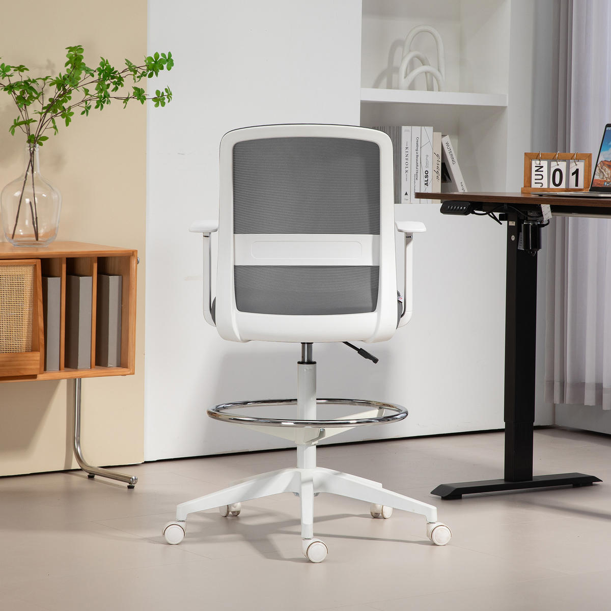 BÜROSTUHL Ergonomischer Schreibtischstuhl mit Armlehne, Fußring, Grau - Grau, Textil (57.5/121/61.5cm) - HOMCOM