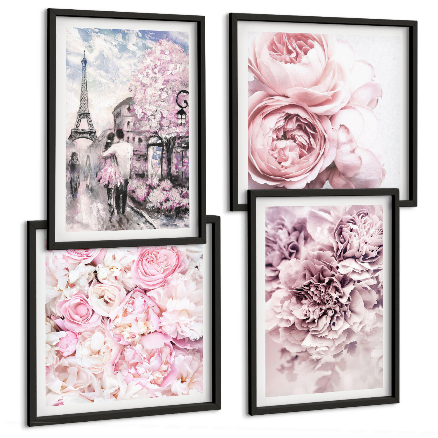 BILDER SET 4er Set - 50x50 cm & 40x60 cm Schwarzer Rahmen - Rosa Blumen, romantische Landschaft - Schwarz, Kunststoff (50/50cm) - TULUP