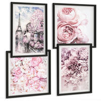 BILDER SET 4er Set - 50x50 cm & 40x60 cm Schwarzer Rahmen - Rosa Blumen, romantische Landschaft - Schwarz, Kunststoff (50/50cm) - TULUP