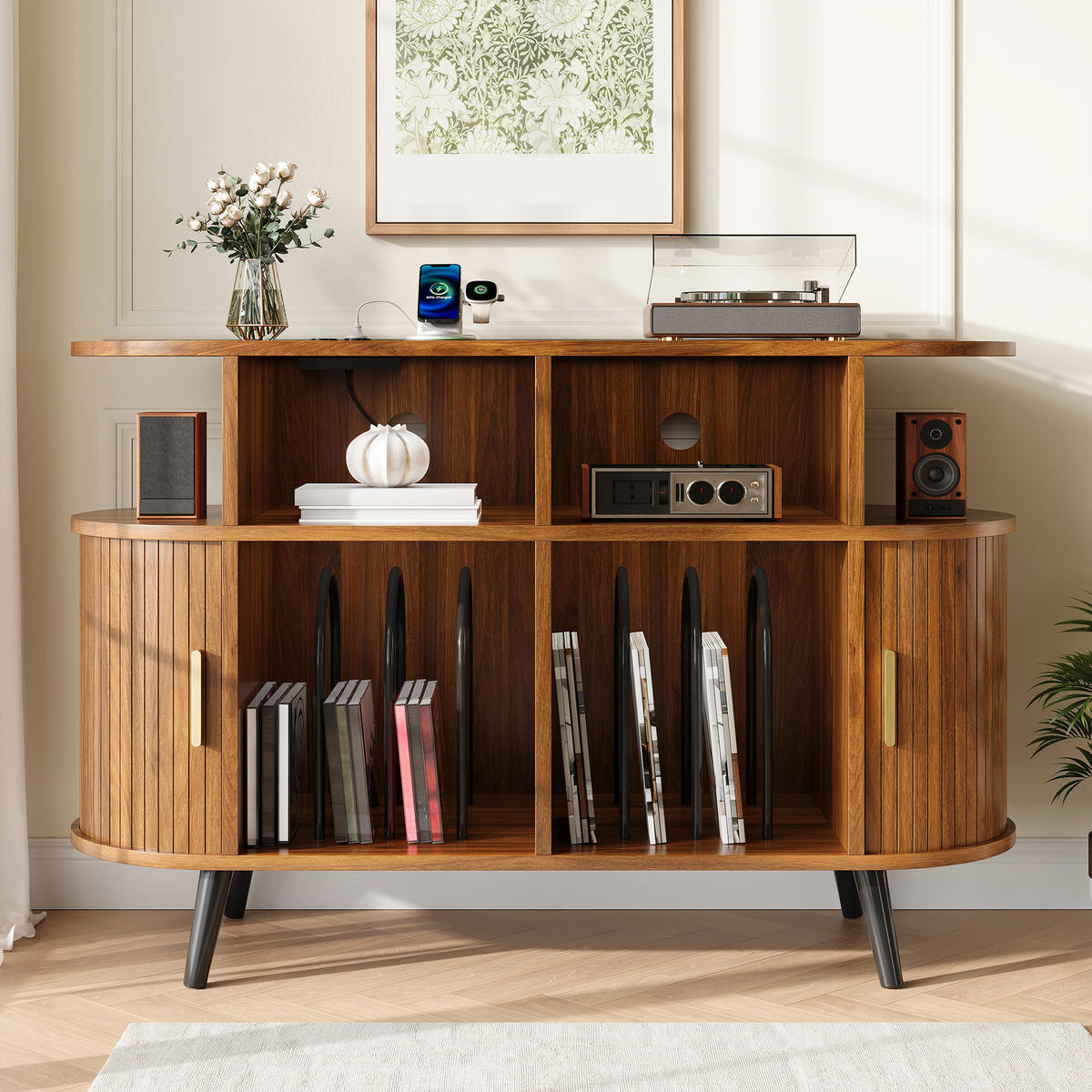 TV-SCHRANK MDF mit Schiebetür und Ladestation - Walnussfarben, Holzwerkstoff (110/76/40cm) - FLIEKS