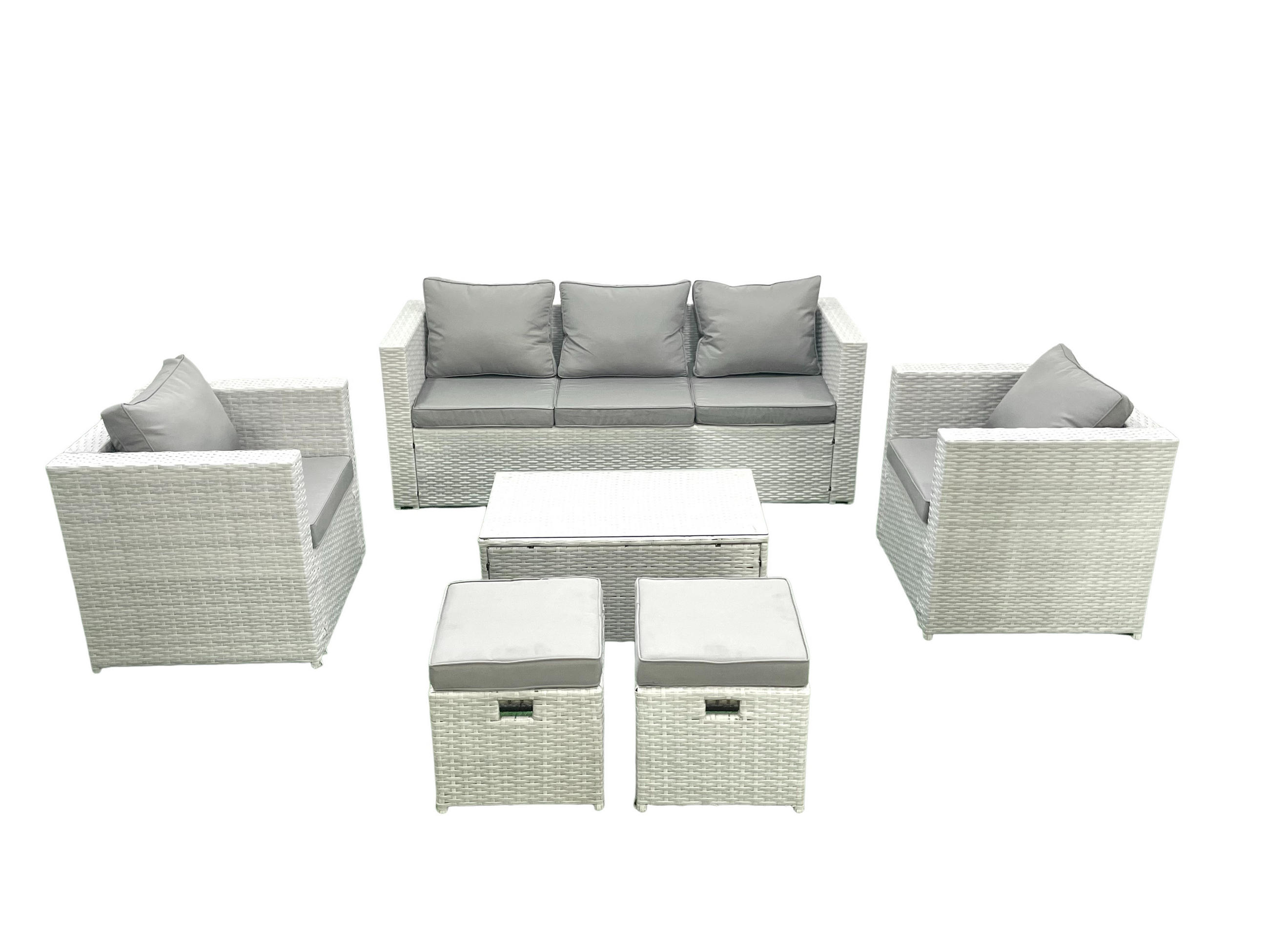 GARTENMÖBELSET mit 3-SITZER SOFA,COUCHTISCH Polyrattan Hellgrau-Mix 7-Sitzer - Hellgrau/Grau, Glas/Kunststoff - Fimous