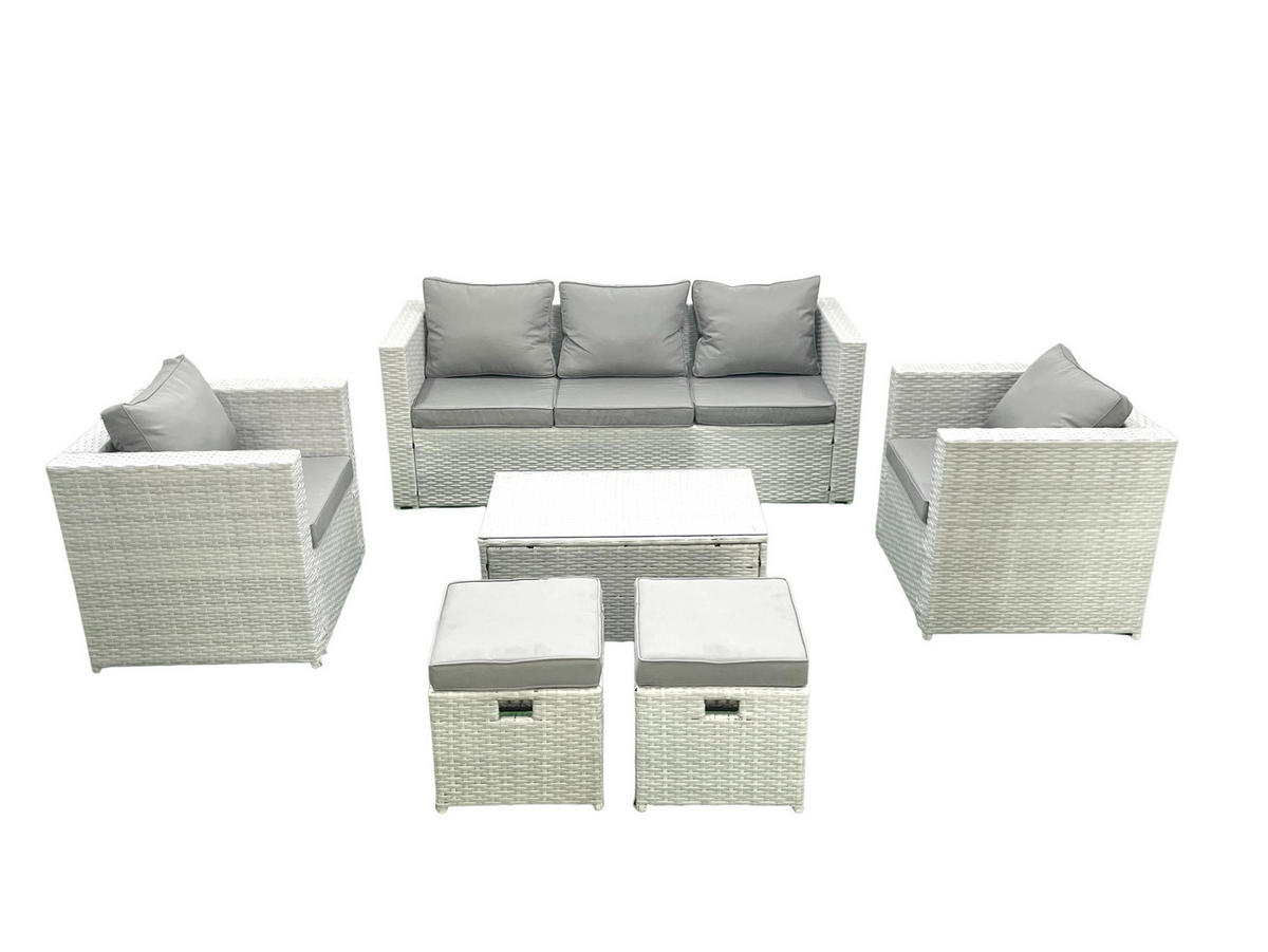 GARTENMÖBELSET mit 3-SITZER SOFA,COUCHTISCH Polyrattan Hellgrau-Mix 7-Sitzer - Hellgrau/Grau, Glas/Kunststoff - Fimous