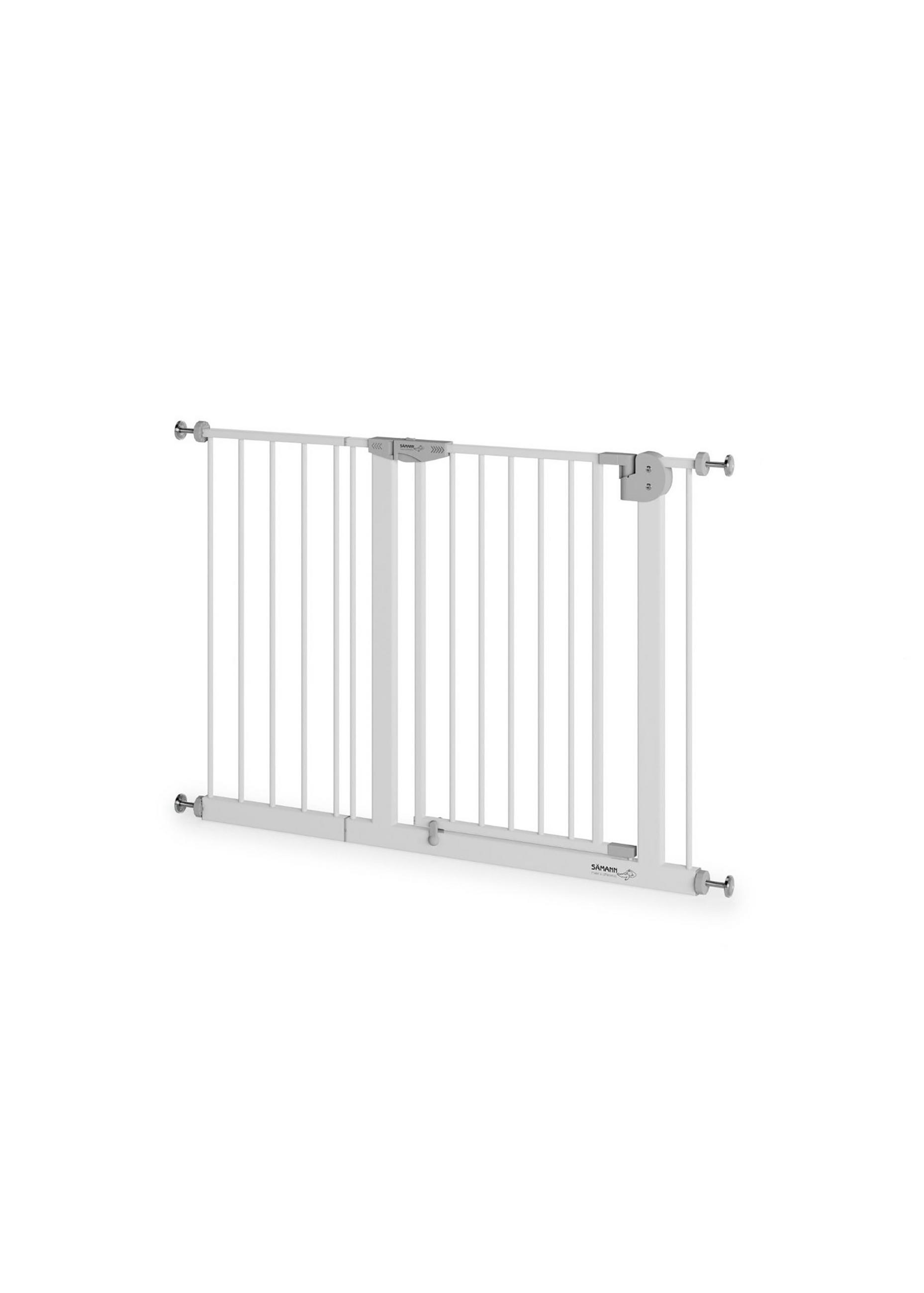 TÜRSCHUTZGITTER & Treppenschutz mit 4x Elefantenfuß, Tür mit 90° Stop, ohne Bohren 109-119 cm - Weiß, Metall (119/5cm) - Sämann – make a difference.