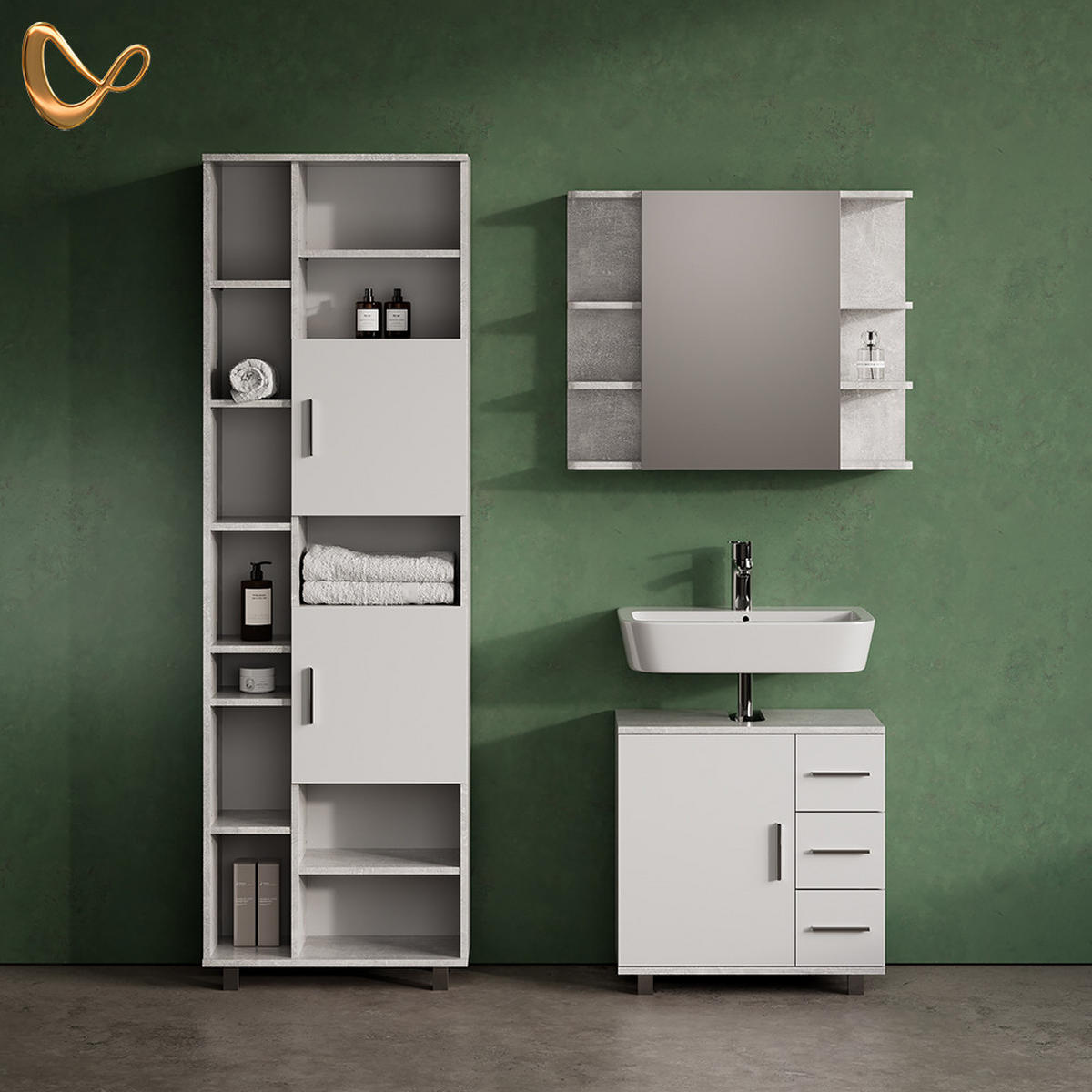 BADMÖBEL-SET Eisak Beton 3 Teile, mit Hochschrank - Schieferfarben/Weiß, Holzwerkstoff (60/60/33cm) - Livinity®