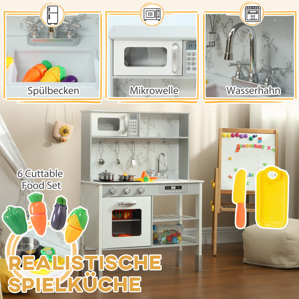 KINDERKÜCHE - Weiß, Holzwerkstoff (70.1/28/96.1cm) - AIYAPLAY