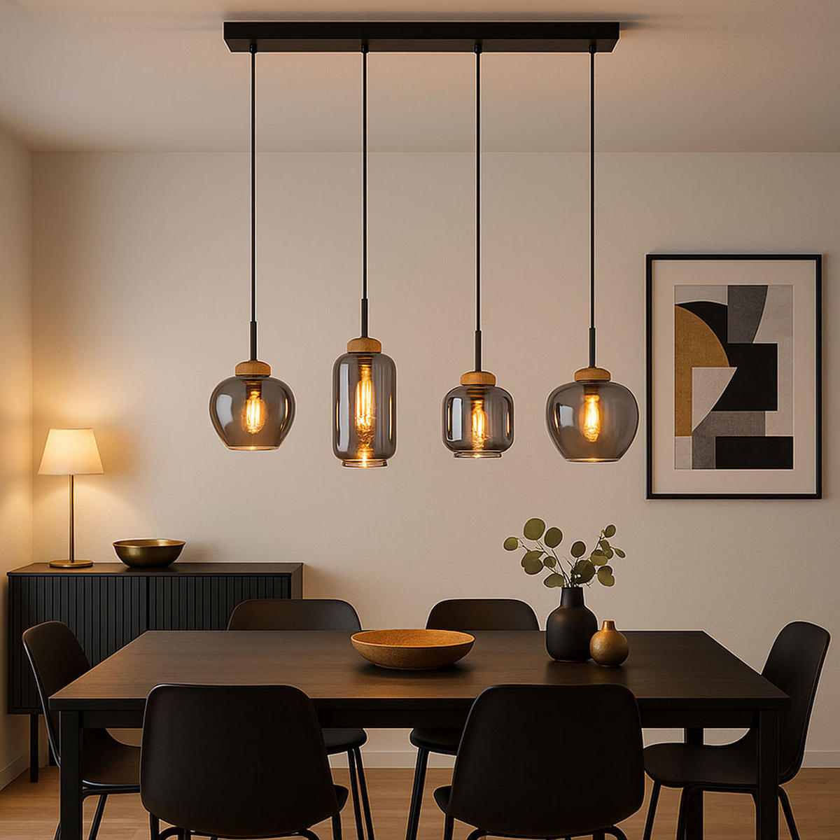 PENDELLEUCHTE Metall Schwarz-matt Rauchglas 4-Flammig - Schwarz, Glas (96/23/120cm) - Globo Lighting